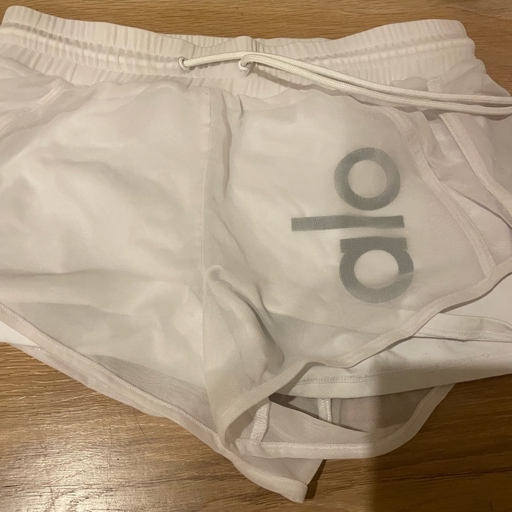 ALO Yoga White Athletic Shorts with Gray Logo